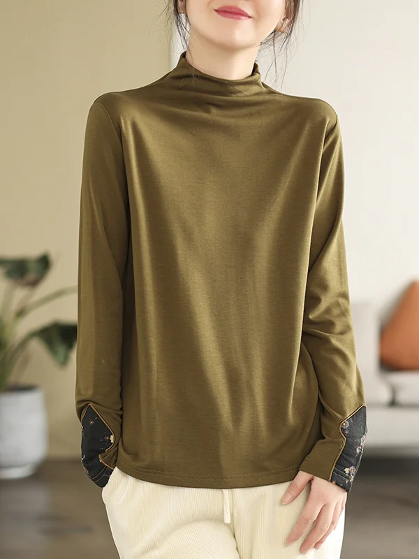 Minimalist Roomy Long Sleeves Velvet Split-Joint Pure Color High-Neck T-Shirts Tops