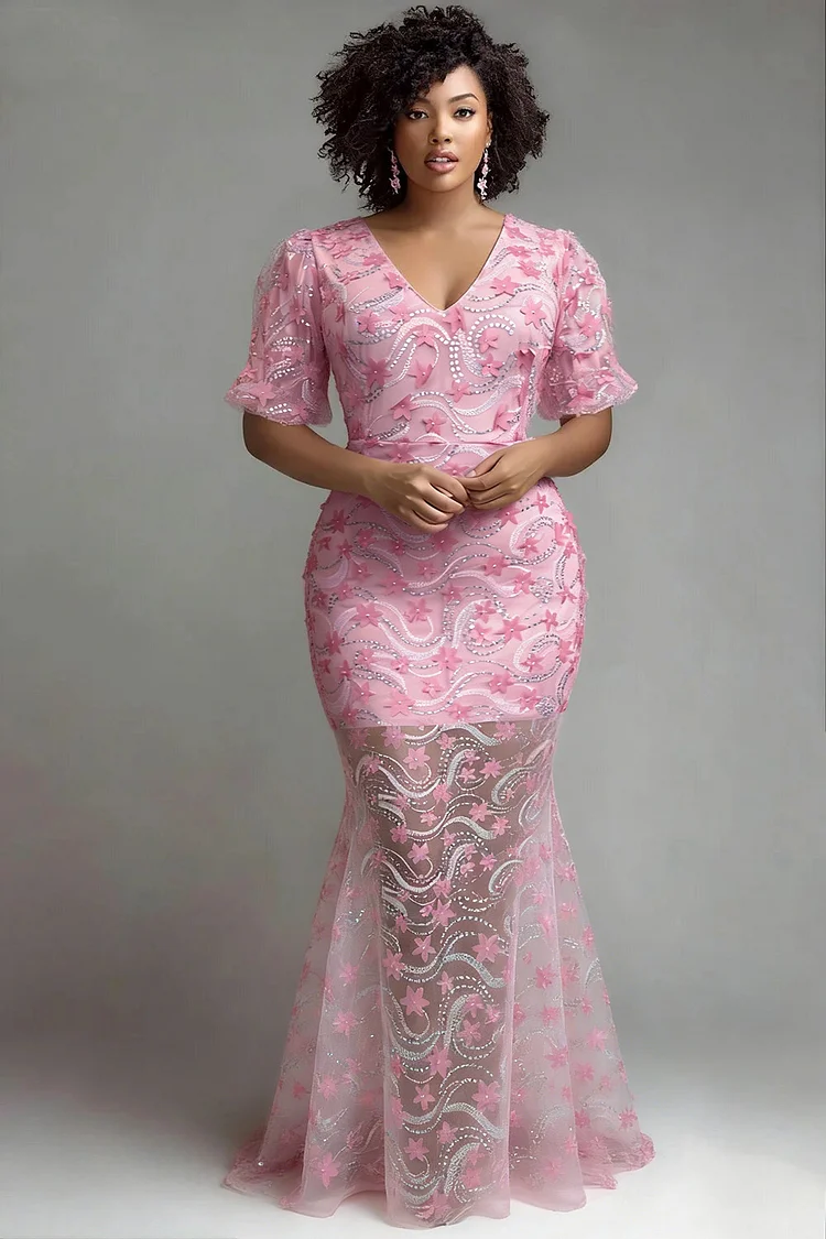 Xpluswear Design Plus Size Formal Pink V Neck Short Sleeve 3D Elegant Mermaid Maxi Dresses 2024 - Xpluswear