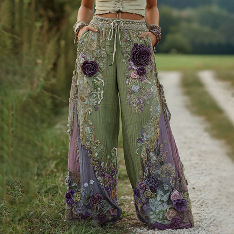 Classy Purple Lavender And Floral Embroidered Art Linen Pants