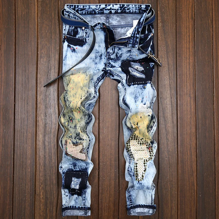 BrosWear Ink Ripped Distressed Colorblock Patch Jeans