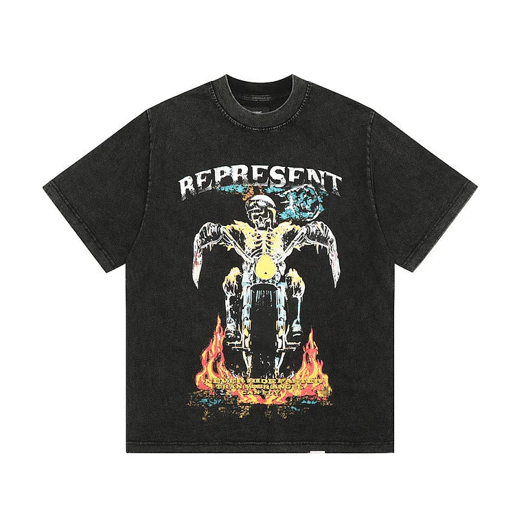 Represent T Shirt Flame Motorcycle Skull Distressed Cotton T-shirt
