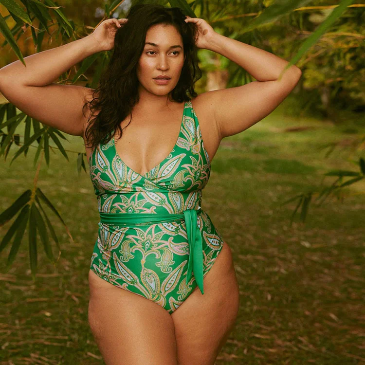 Plus Size Printed Lace Up One Piece Swimsuit
