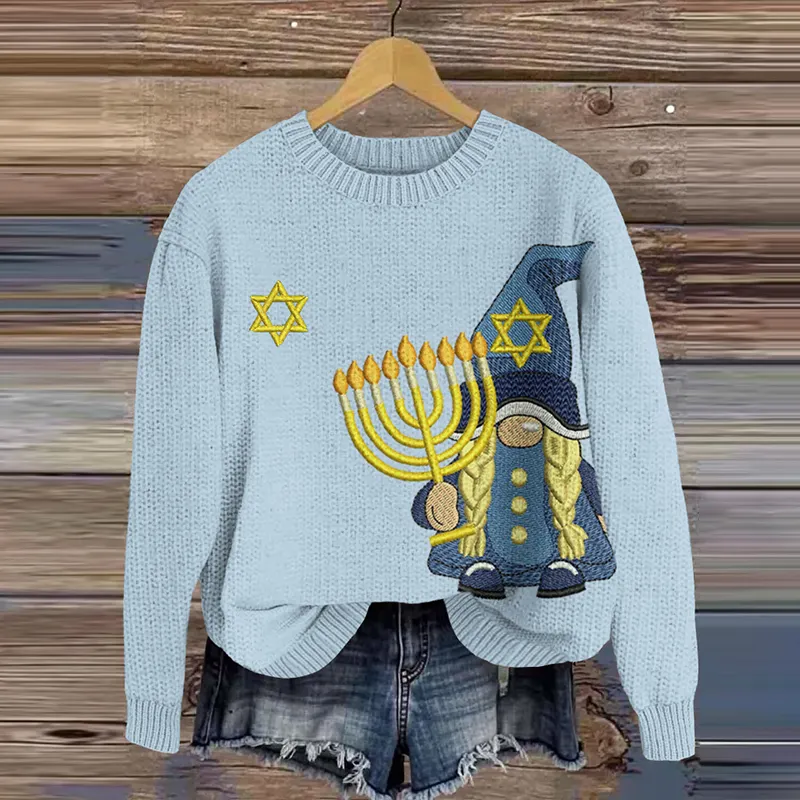 Women's Hanukkah Gnome Print Cozy Knit Sweater