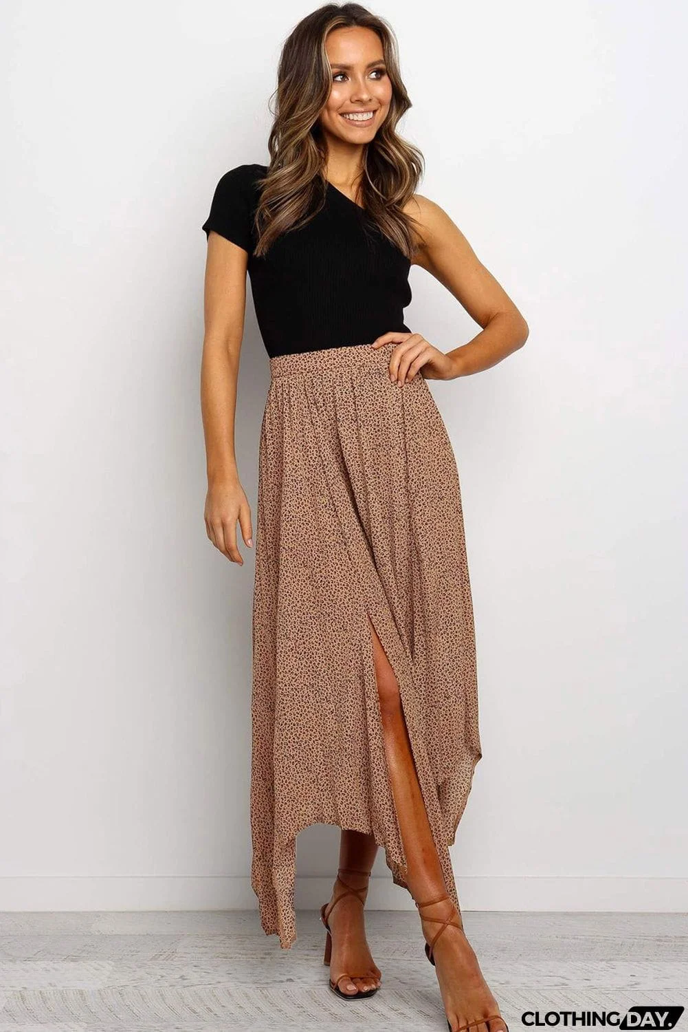 Fashion Print Side Slit Pleated Maxi Skirt