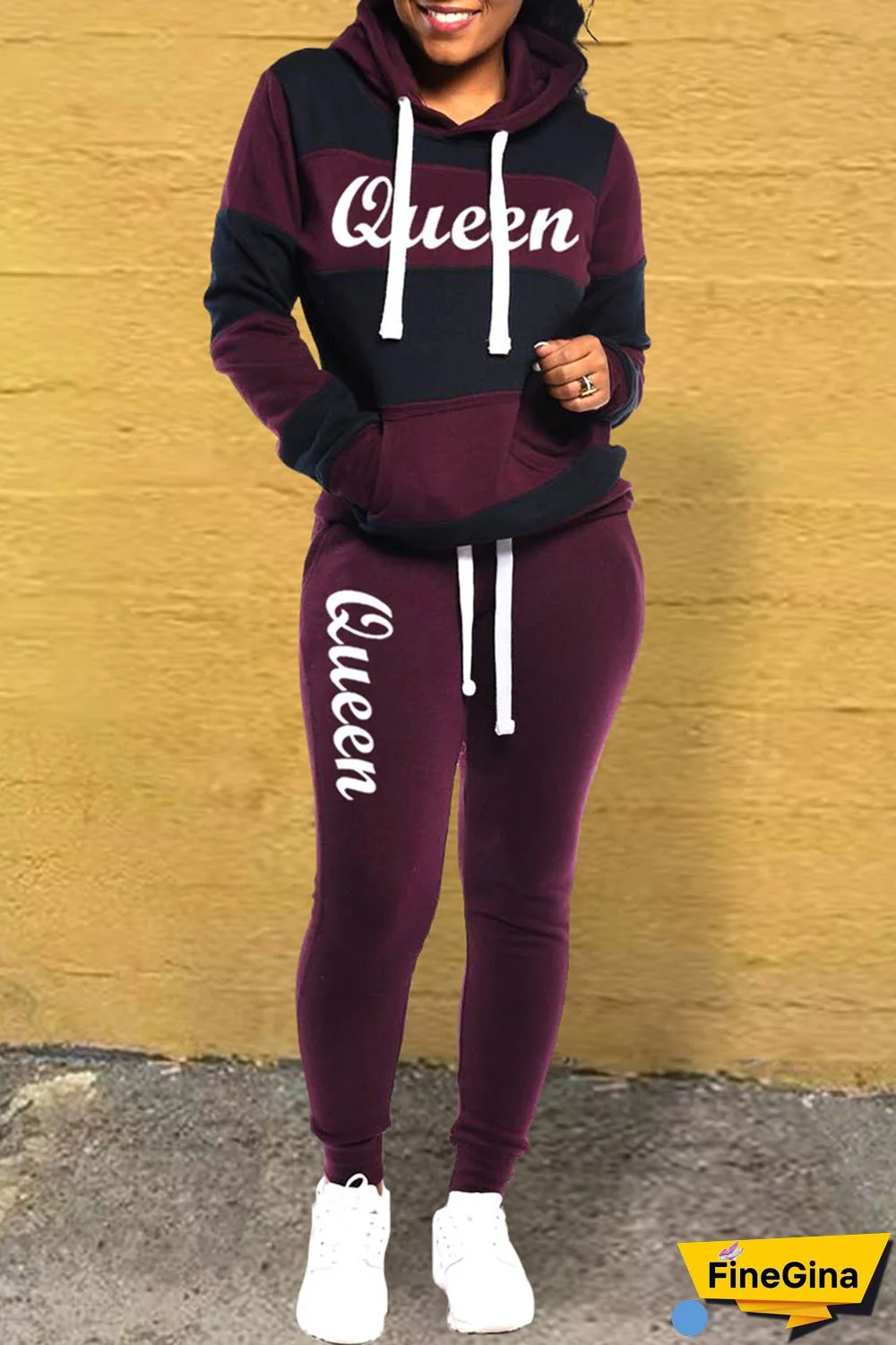 Black Casual Letter Striped Print Patchwork Contrast Hooded Collar Long Sleeve Two Pieces