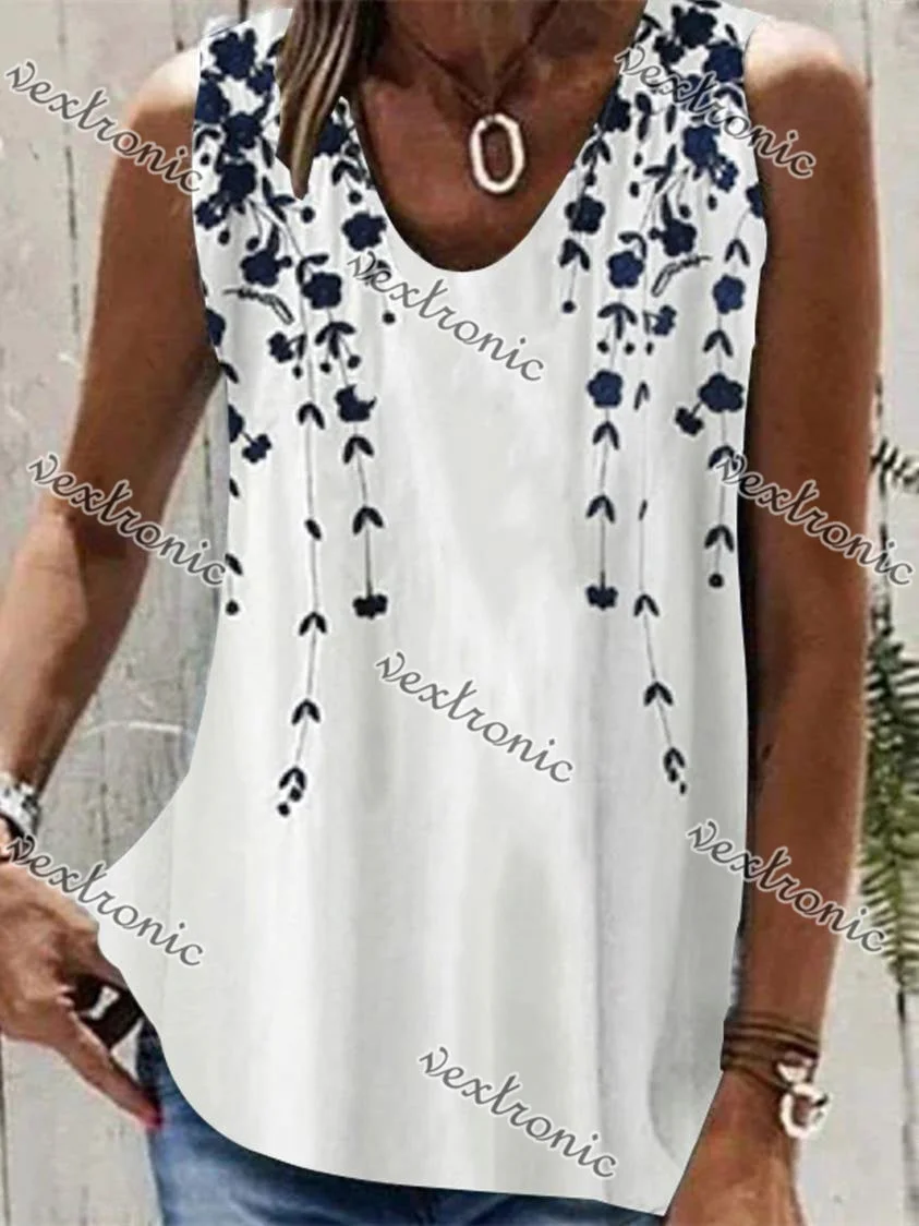 Women's White V-neck Sleeveless Floral Printed Top