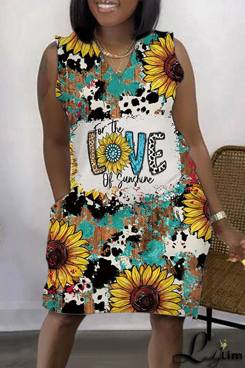 Colour Casual Print Patchwork V Neck Straight Dresses