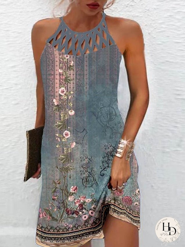 Casual Dress Sundress Summer Dress Floral Mesh Backless Halter Mini Dress Active Fashion Outdoor Home Sleeveless Regular Fit Blue Green Summer Spring S M L XL XXL for Women