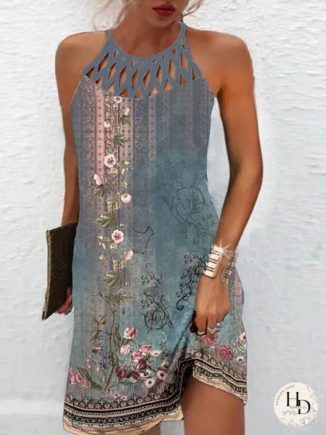 Casual Dress Sundress Summer Dress Floral Mesh Backless Halter Mini Dress Active Fashion Outdoor Home Sleeveless Regular Fit Blue Green Summer Spring S M L XL XXL for Women