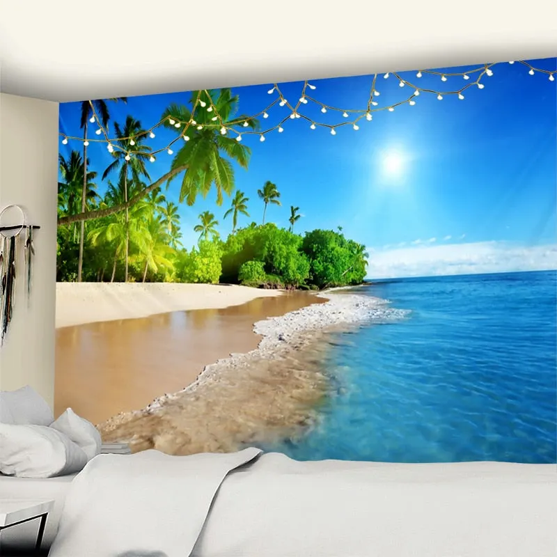 Beach Coconut Tree Tapestry Wall Hanging Bohemian Psychedelic Tapiz Mandala Natural Landscape Home Decor