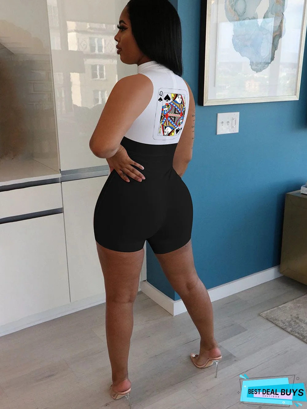 Plus Size Sleeveless Poker Patchwork Rompers