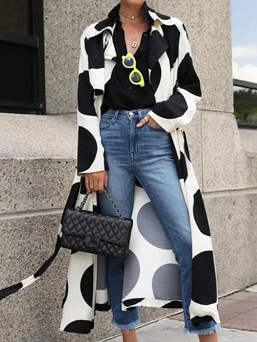 Original Loose Polka-Dot Split-Joint Tied Notched Collar Long Sleeves Trench Coats