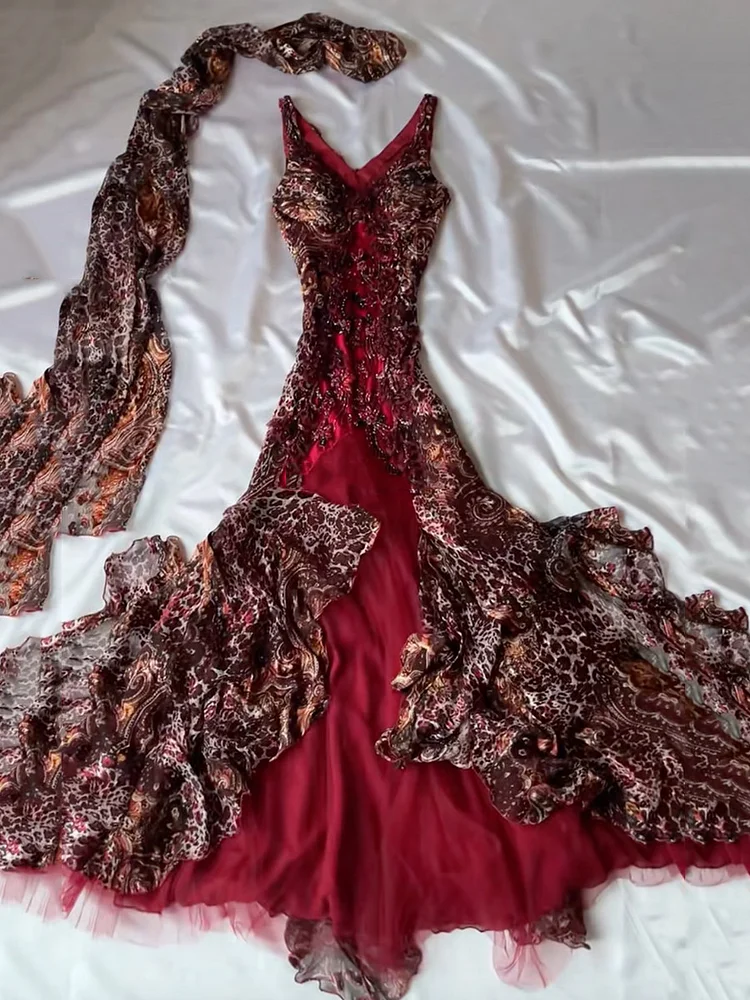 Shiny Sequinned Flower Embroidered Leopard Printed Patchwork Ruffled Sleeveless Spaghetti-Neck Mesh Maxi Dresses Fairytale Drexss