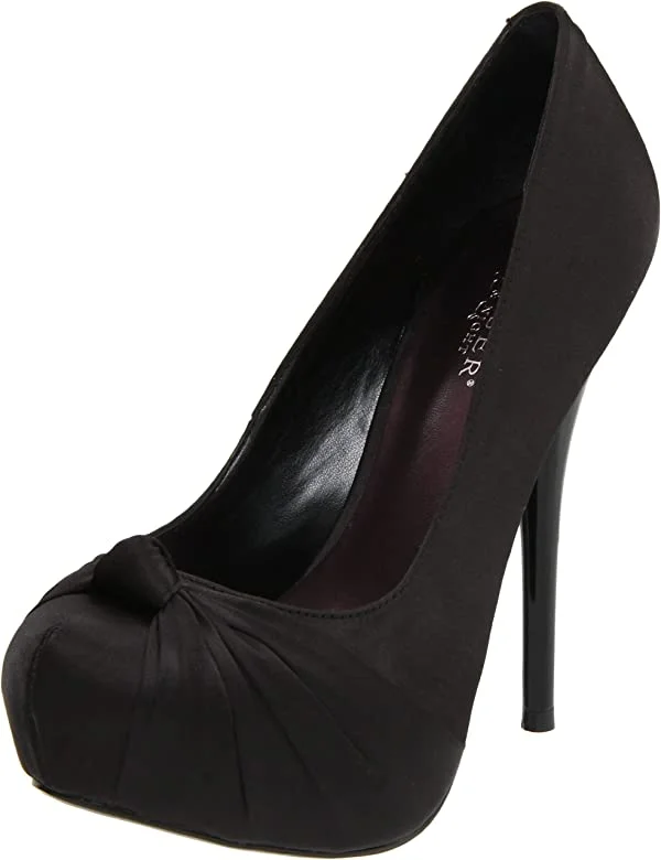 Custom Made Black Satin Bow Platform Pump Heels |FSJ Shoes