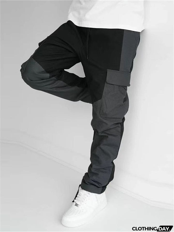 Men's Black Multi Pockets Patchwork Loose Cargo Pants