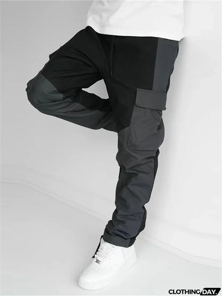 Men's Black Multi Pockets Patchwork Loose Cargo Pants