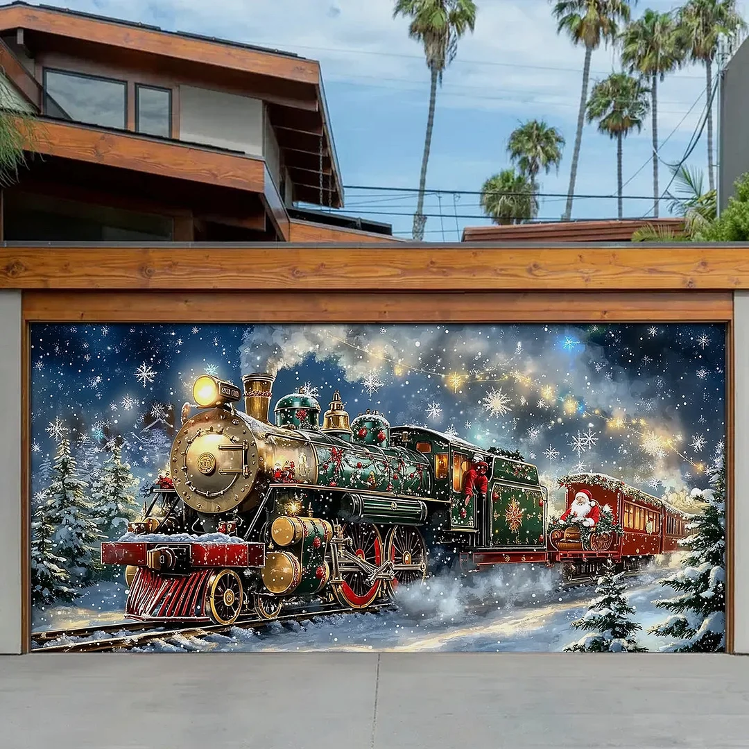 Garage Door Banner Decoration - Santa’s Sleigh on Rails The Enchanted Christmas Train Adventure