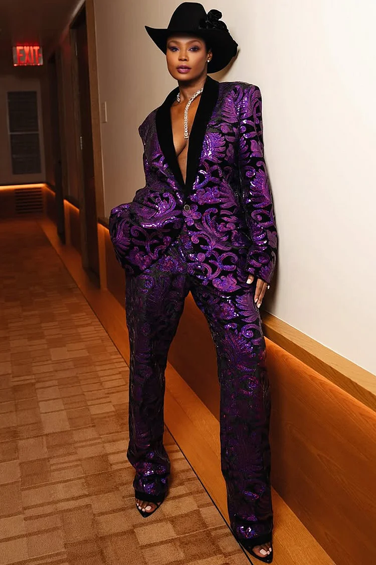 Plus Size Formal Purple Elegant Turndown Collar Long Sleeve Pocket Sequin Two Piece Pant Suits [Pre-Order] 2024 - Xpluswear