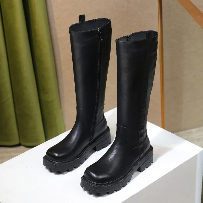 Taoffen Size 34-43 Women Knee Boots Pu Round Toe Side Zipper Flats Shoes Winter Warm Boots Women Fashion Party Footwear