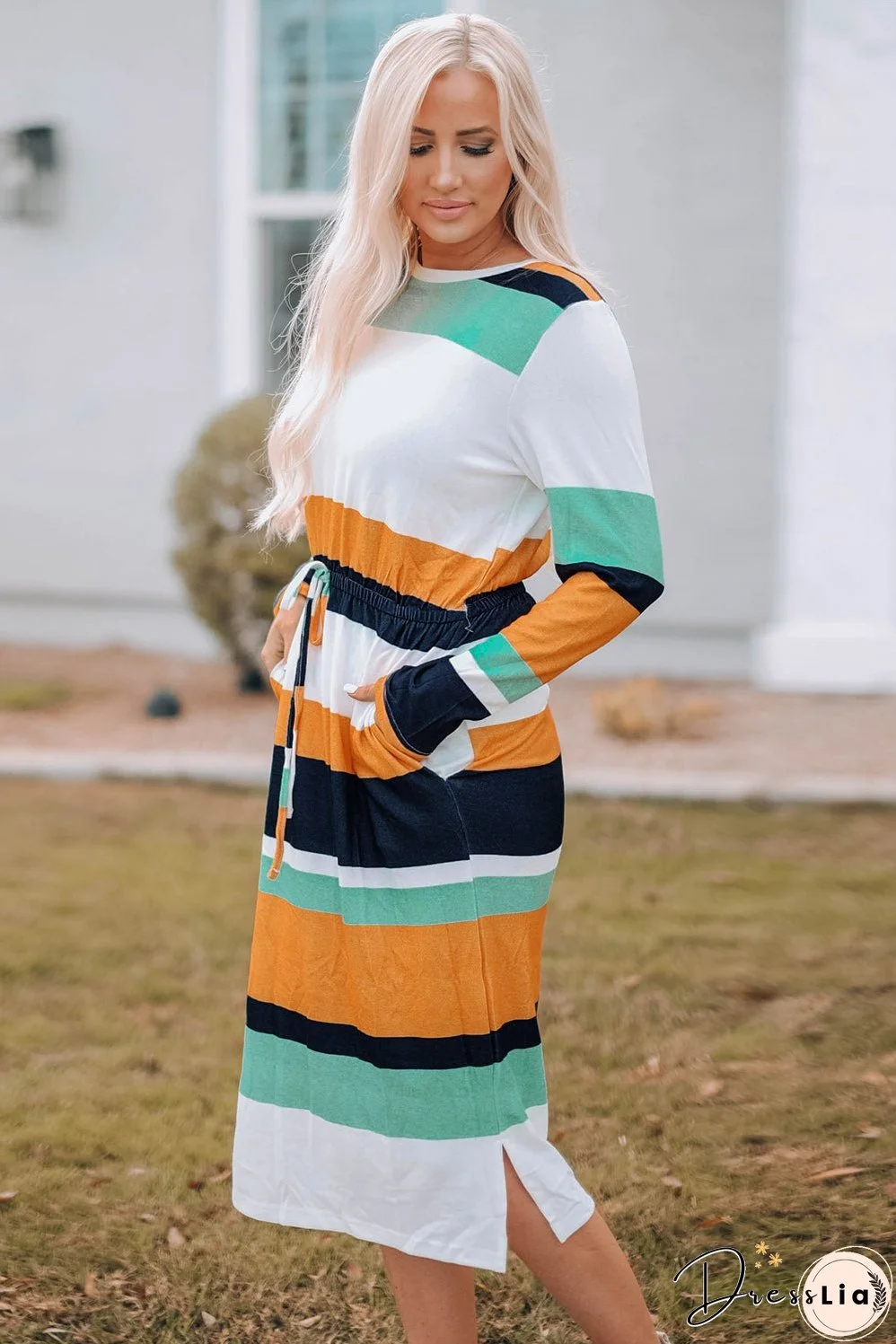 Striped Drawstring Waist Side Slit Midi Dress