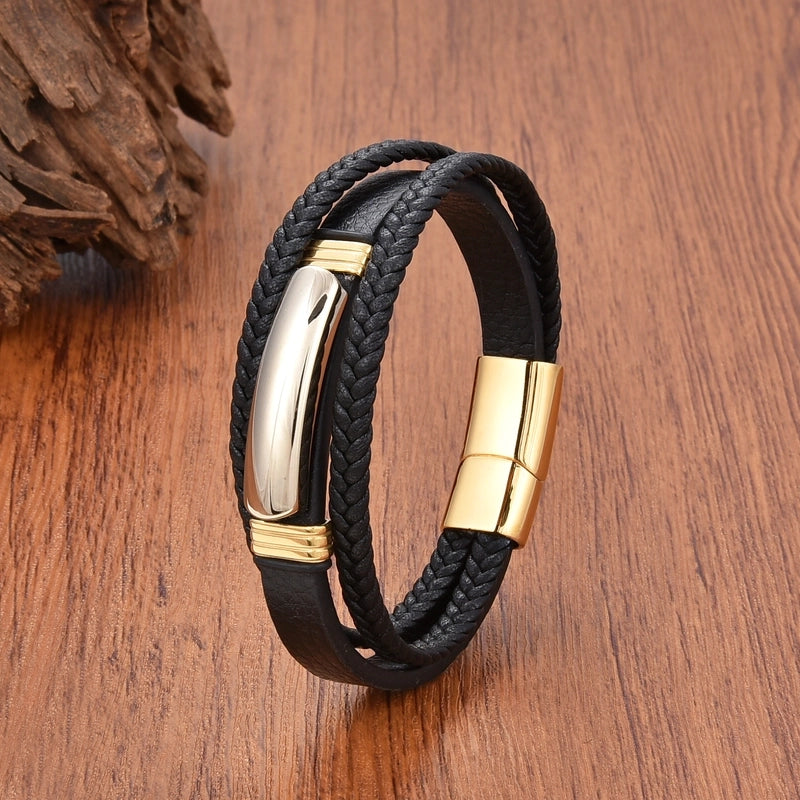 Vintage Style Geometric Leather Rope Stone Metal Layered Magnetic Men's Bracelets