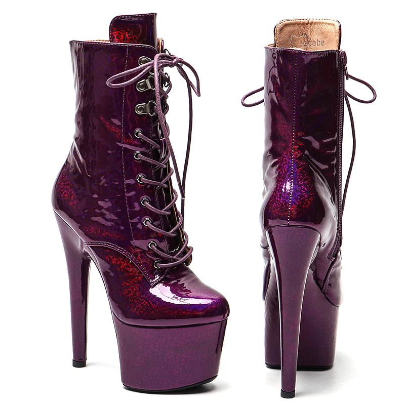 VCshoes 17CM/7inches Patent Upper Women Fashion High Heel Platform Lace Up Ankle Boots Pole Dance Boots