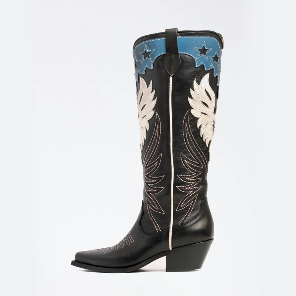 Women's Wing Patchwork & Star Inlay Snip Toe Black Cowboy Boots