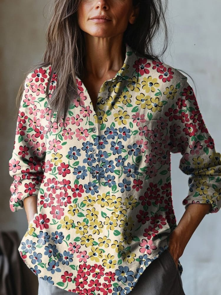 Womens Vintage Lovely Floral Art Print Casual Cotton And Linen Shirt