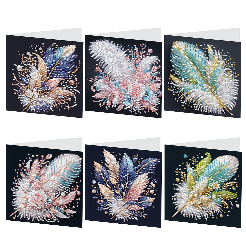 6pcs Diamond Painting Greeting Cards DIY Diamond Art Cards Arts Crafts (Feather)