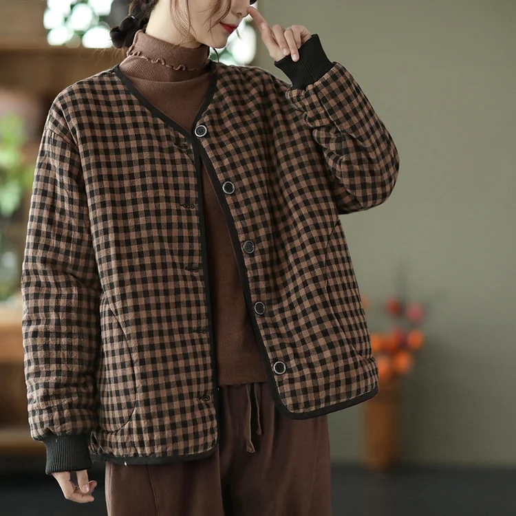 Retro Plaid Single-Breasted Coat - yankia