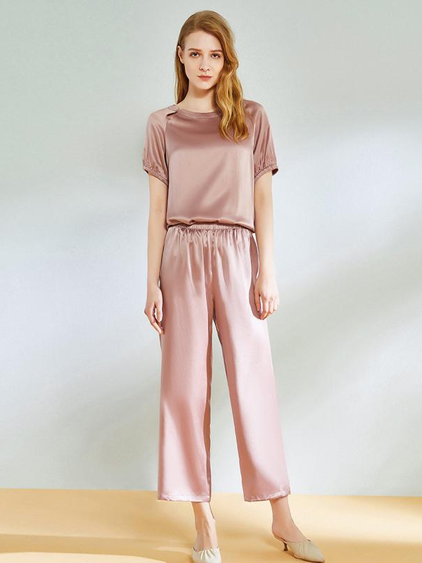 22 Momme Short Sleeves Elegant Franch Design Silk Pajamas Set Pink