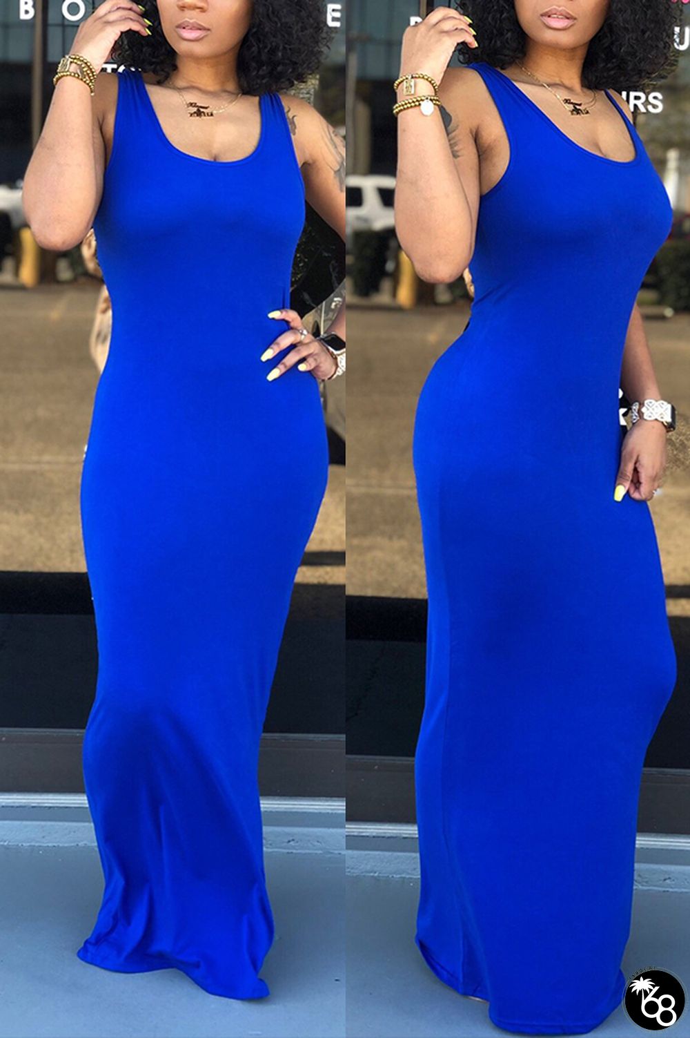 Royal blue Sexy U Neck Sleeveless Dress | 168DEAL