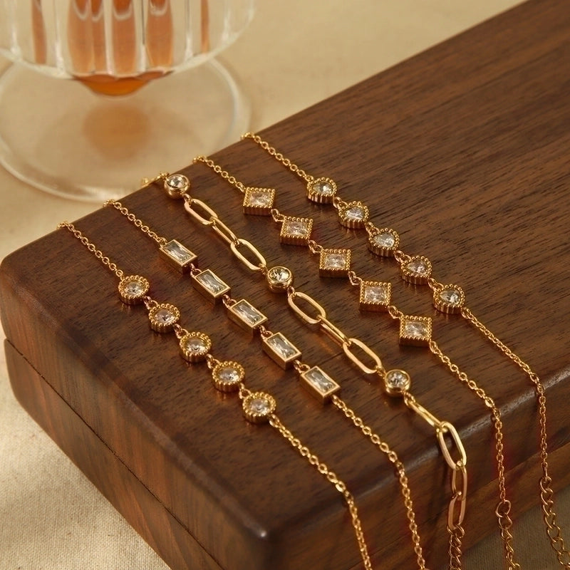 IG Style Minimalist Quadrilateral Round Heart Shape 304 Stainless Steel 18K Gold Plated Zircon Bracelets In Bulk