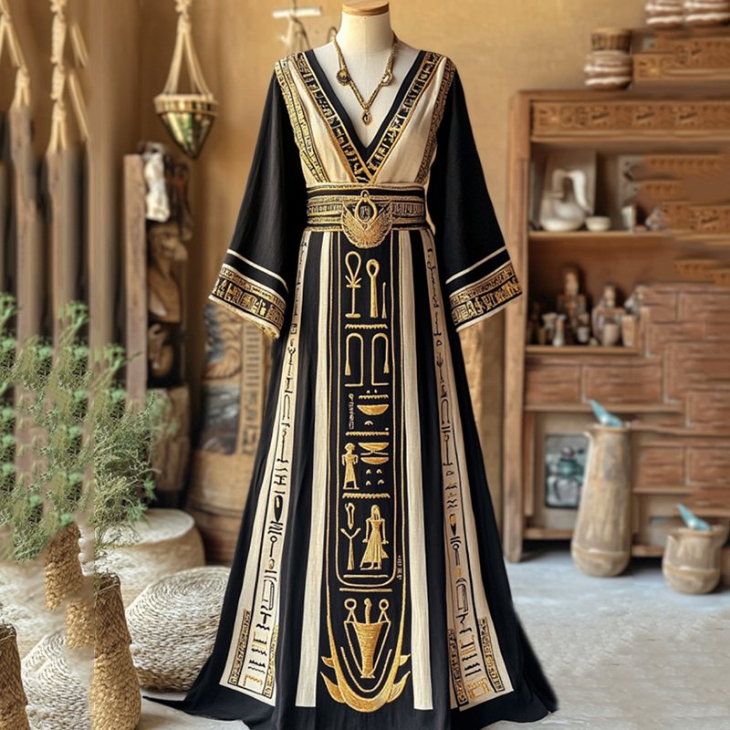 Vintage Ankh Ancient Egyptian Embroidered Art Linen V Neck Maxi Dress