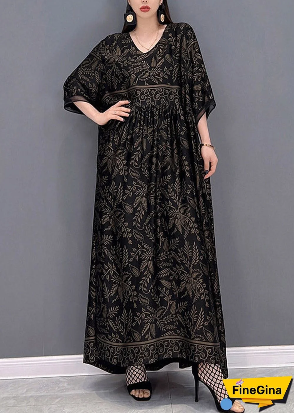 Plus Size Black V Neck Print Silk Long Dress Short Sleeve