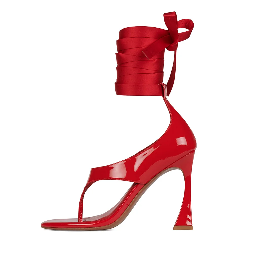 Red Patent Leather Round Toe Flared Heel Flip Flops Lace Up Sandals