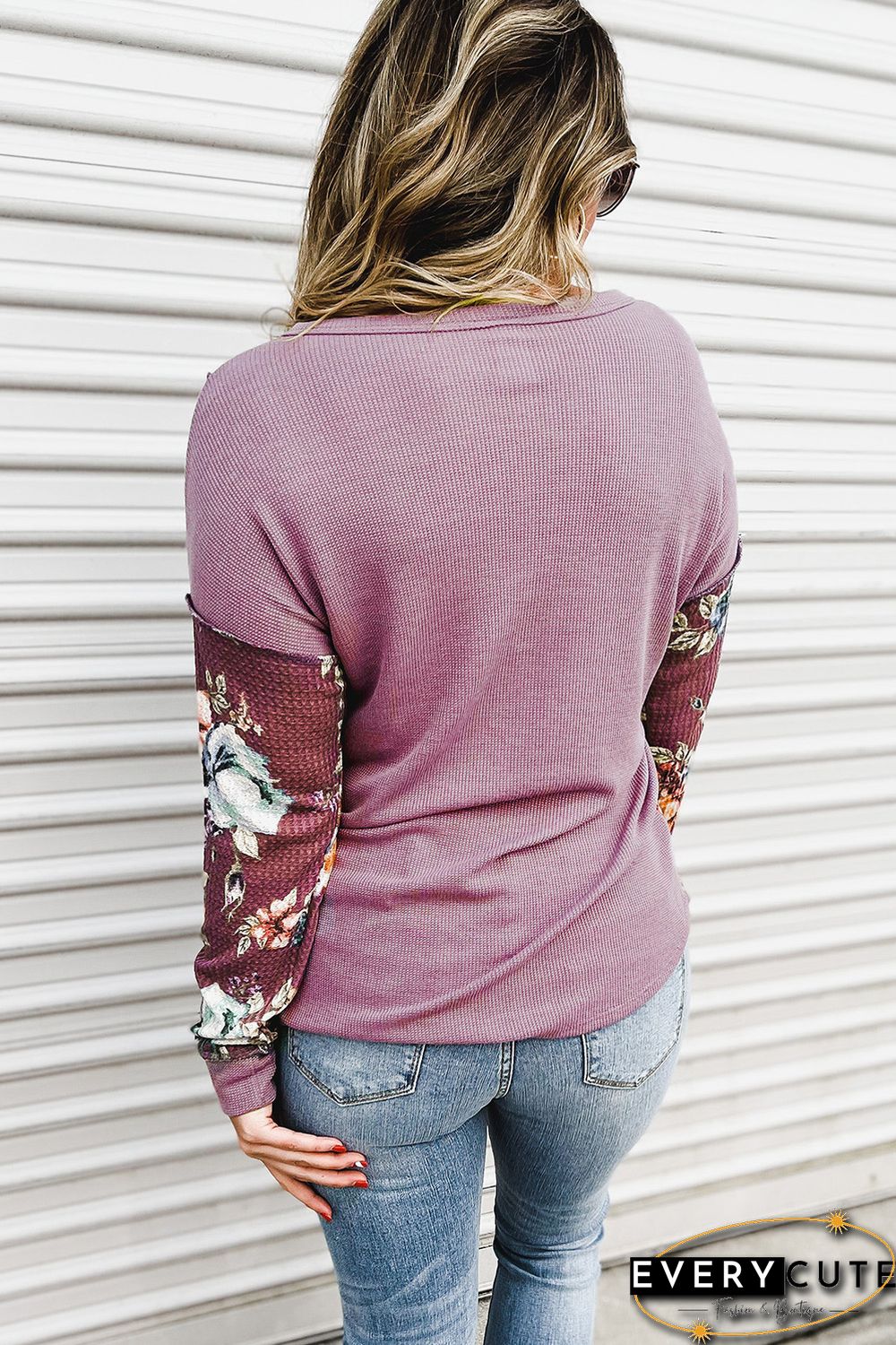 Purple Floral Accent Puff Sleeves Plus Size Thermal Top