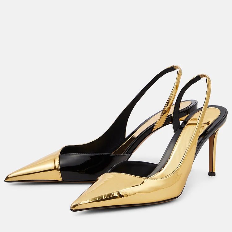 Gold & Black Metallic Stiletto Heels Pointed Toe Slingback Pumps |FSJ Shoes