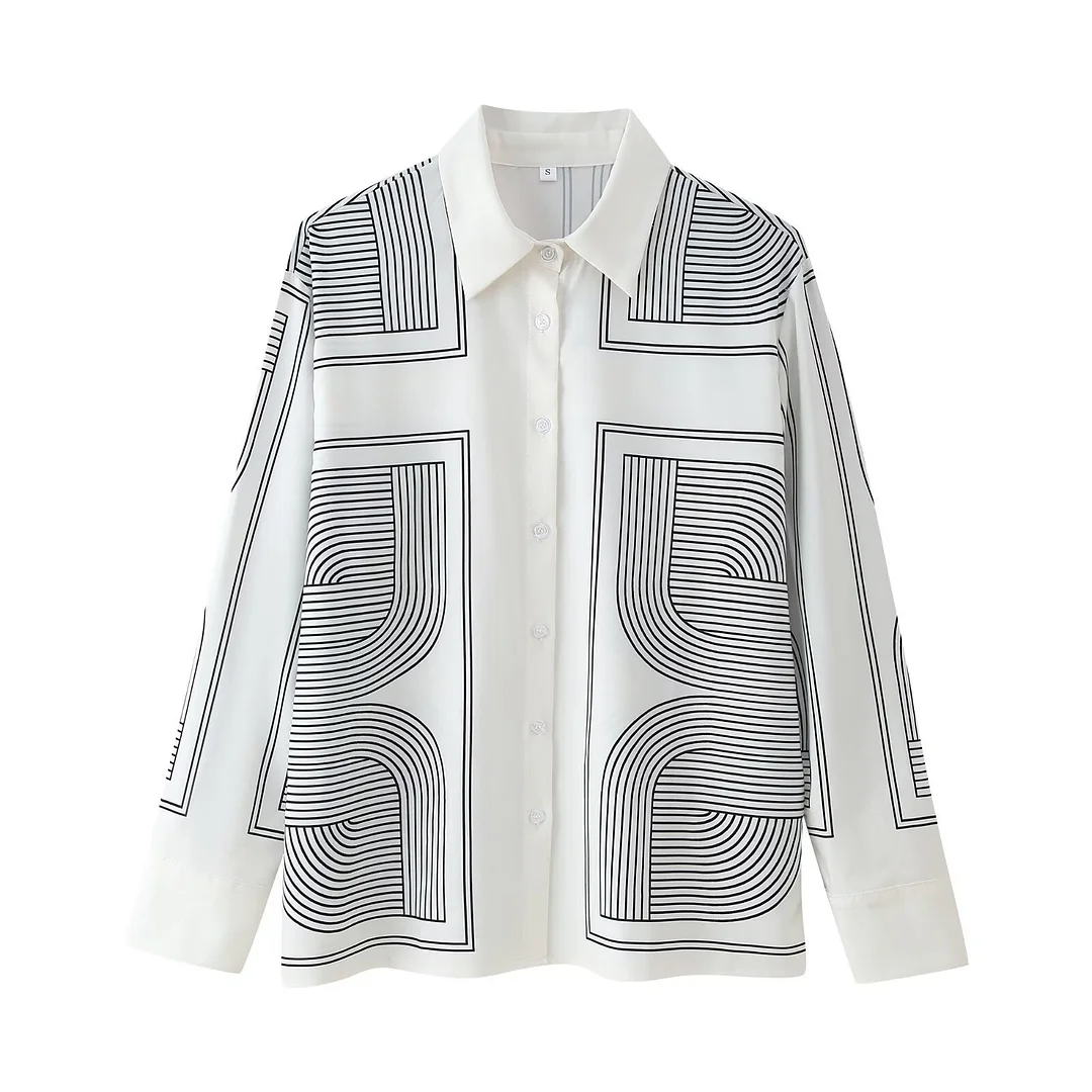 Nigikala Nigikala Women's Collar Loose Long-Sleeved Shirt Print Twill Shirt Cover