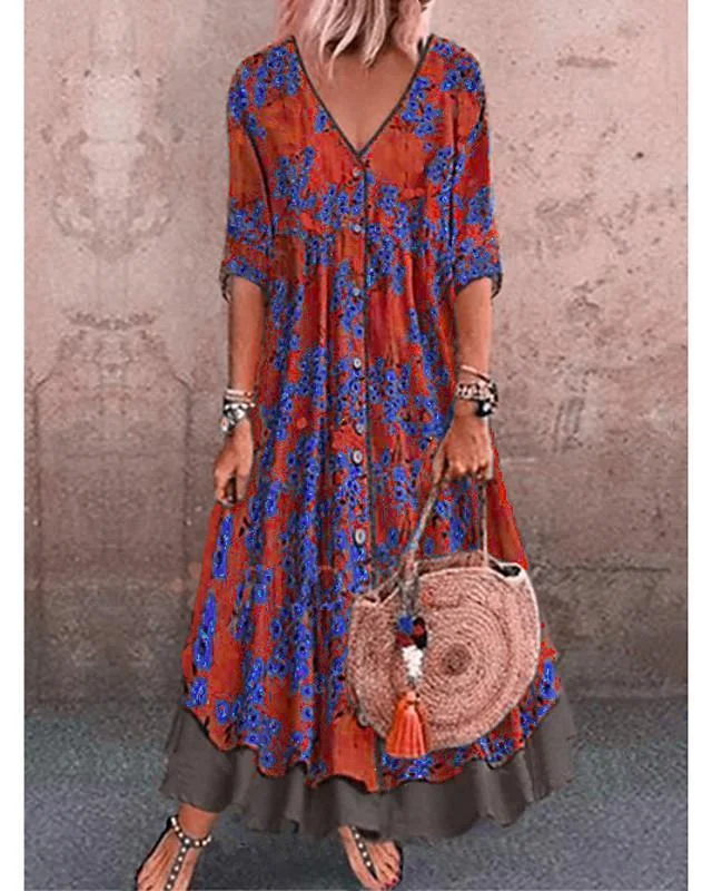 Women's A-Line Dress Maxi long Dress - Half Sleeve Floral Layered Button Print Spring & Summer Deep V Hot Casual Holiday vacation dresses Loose 2020 Red Green Gray M L XL XXL 3XL