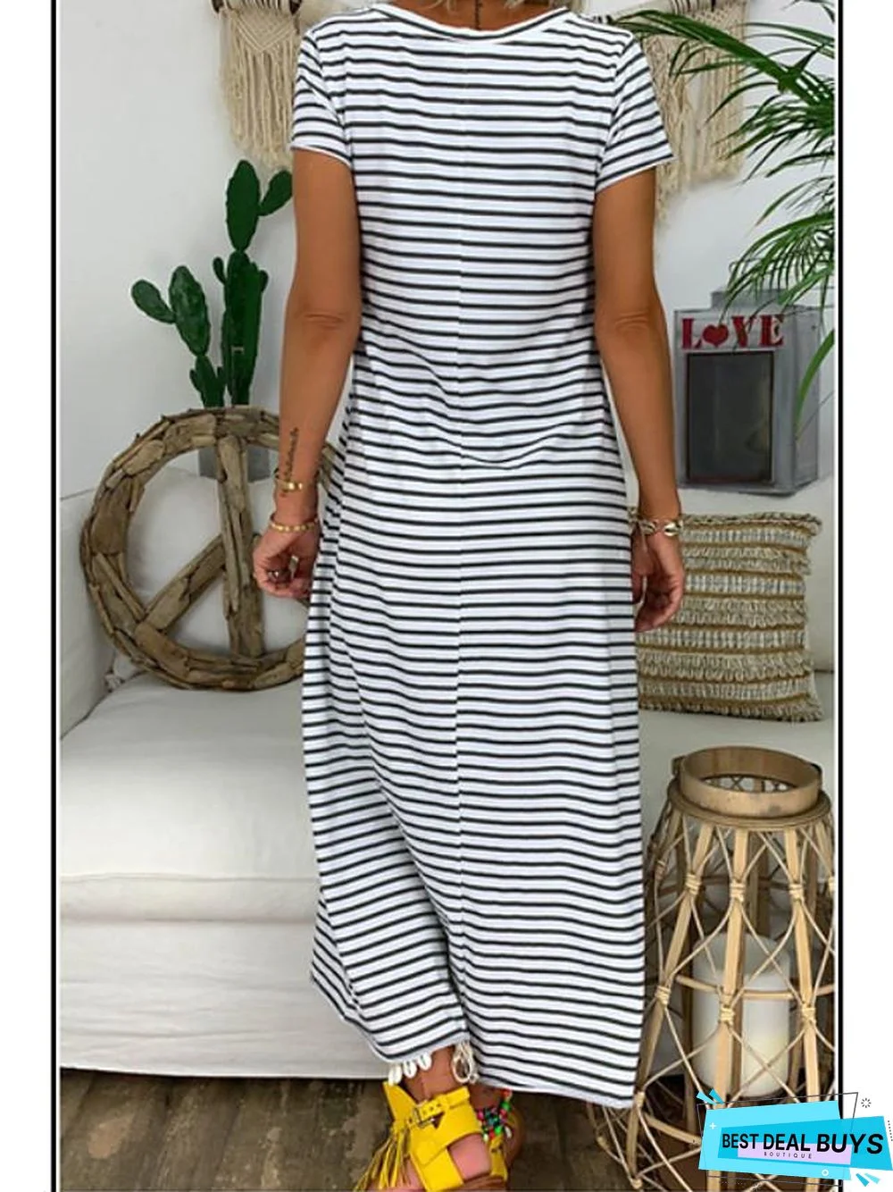 Women's A-Line Dress Maxi Long Dress Short Sleeve Striped Summer Hot Casual Chinoiserie Black