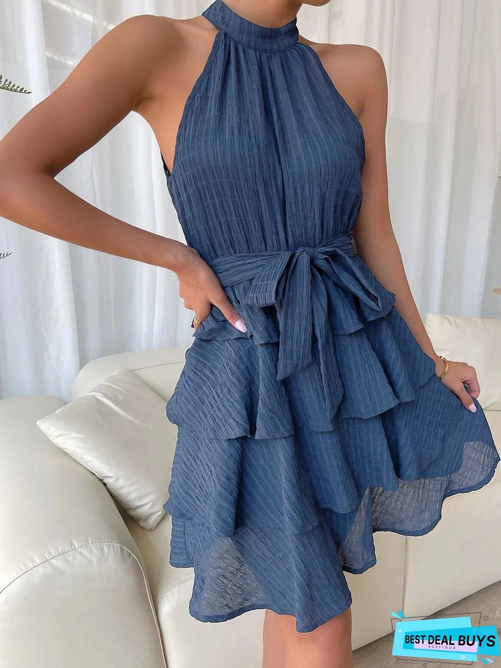 Sleeveless Neck Tie Waist Flounces Dress Skirt