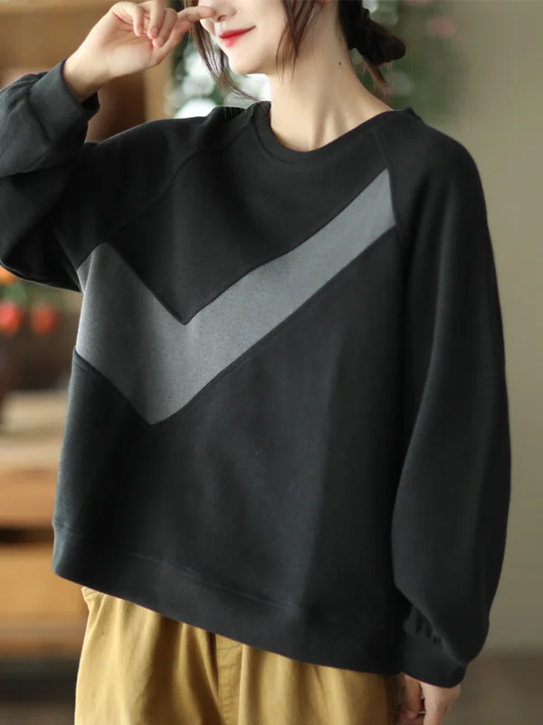 Original Loose Long Sleeves Contrast Color Split-Joint Round-Neck Hoodies&Sweatshirt Tops