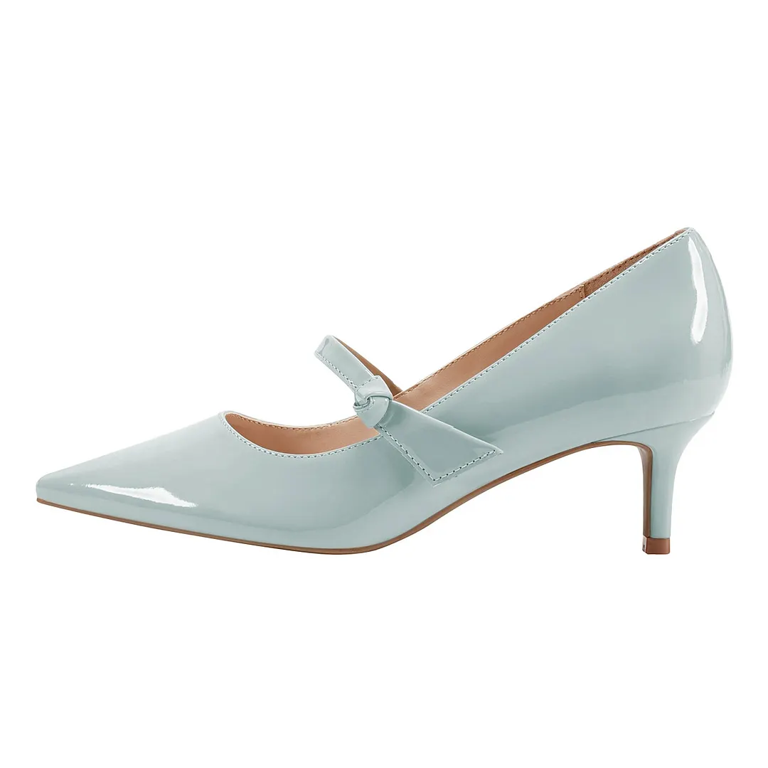 Light Blue Patent Leather Pointed Toe Kitten Heel Mary Jane Pumps