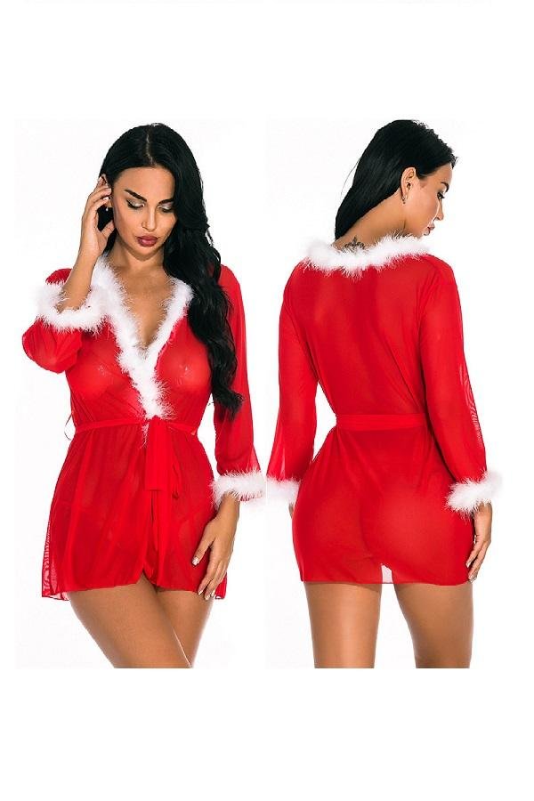 Sexy Lace Up Fur Trim Christmas Robe Red-elleschic