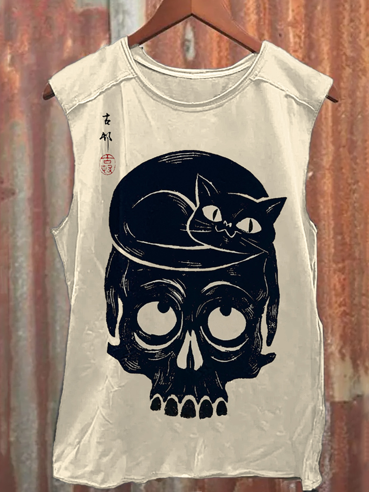 Comstylish Cat & Skull Japanese Art Print Tank Top