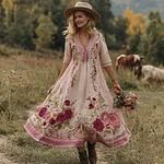 Classy Gradient Pink Roses And Striped  Embroidered Linen Maxi Dress - Image 4