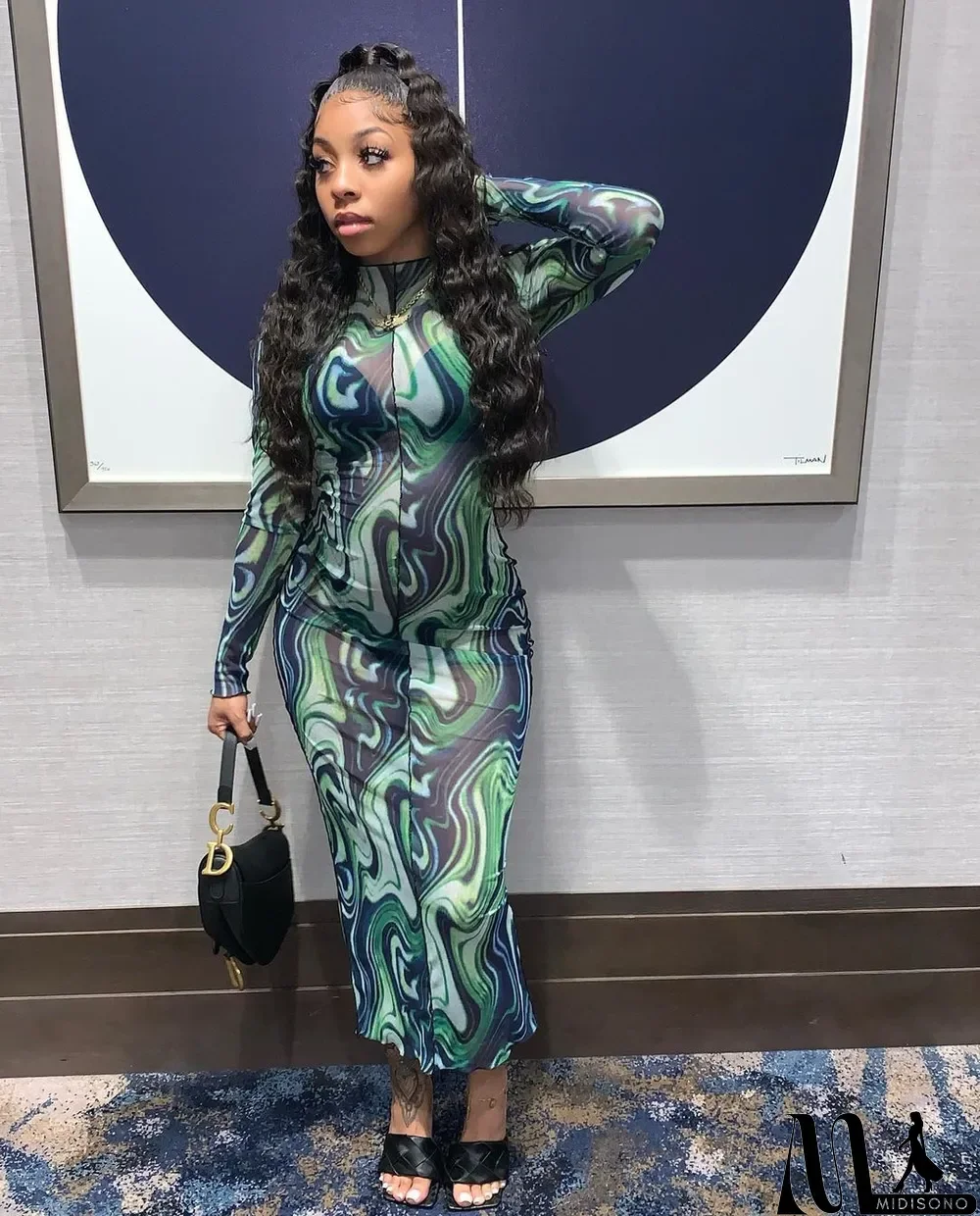 MidiSono - Fashion Net Yarn Print Dress