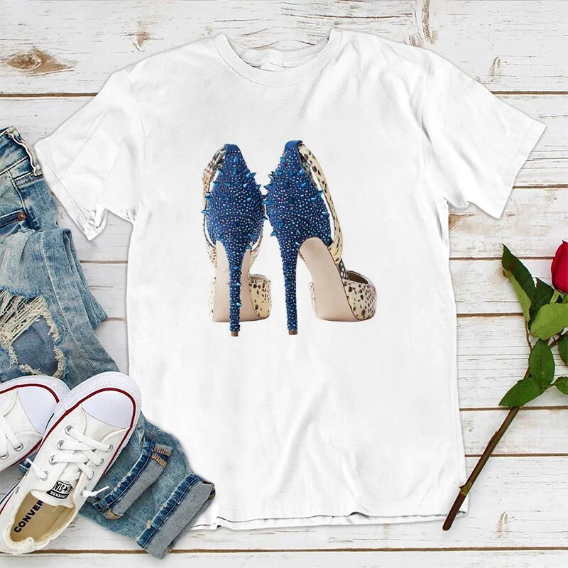 Popular Luxury Blue Crystal Heels Fashion Print T-shirt Women's New Summer Women's T Shirt  Hip Hop Punk Italy rt,Drop Ship