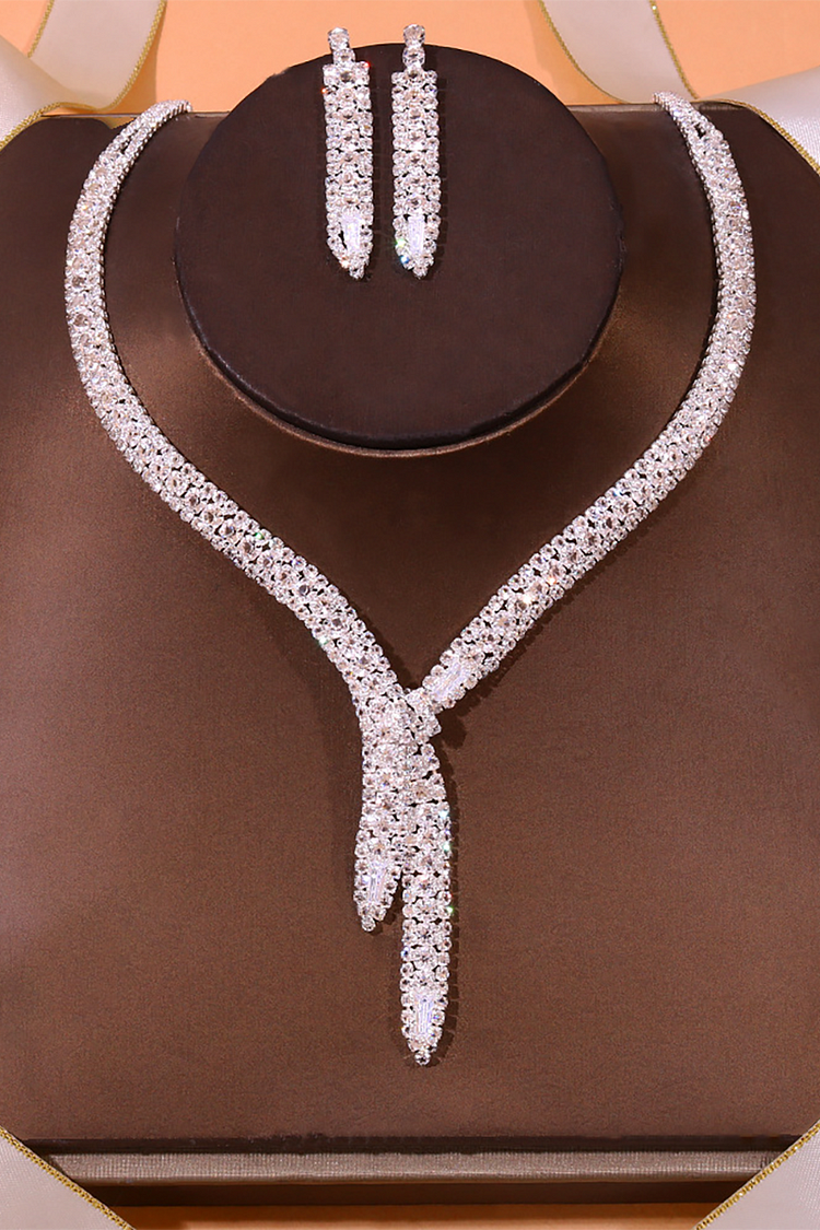 Rhinestone Asymmetric Pendant Necklace Dangle Earrings Jewelry Set-Silver